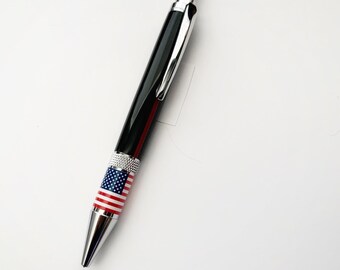 Patriotic Flag Hand Turned Black  Resin Click Pen.