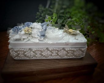 Blue and White Floral tin with Hand Cream of Orange Blossom Vegan Honey Hand Cream, Bumble Bee Magnet and Vintage look Moth Necklace