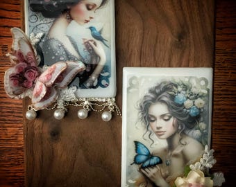 Vintage Lady Refrigerator Magnets. Set of two