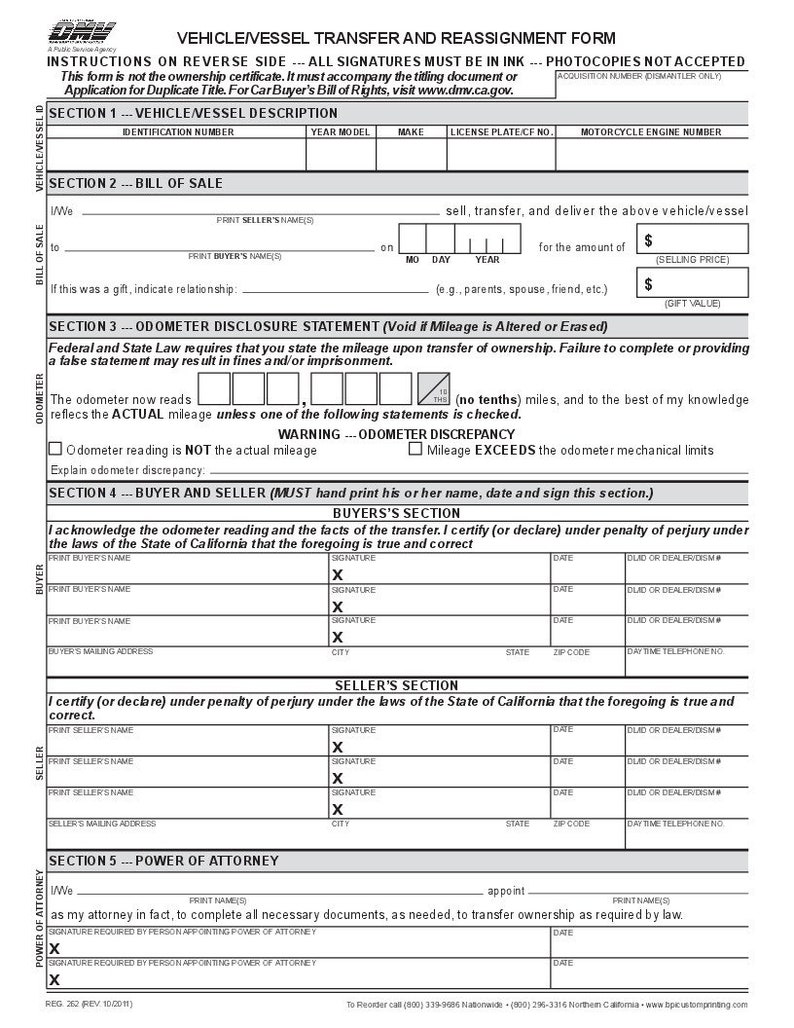 California DMV Form REG 262 Vehicle Vessel Transfer and Reassignment Form Carbon Copy Version image 2