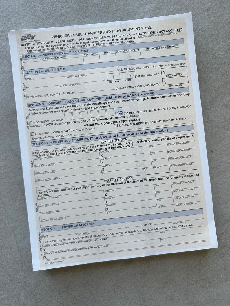 California DMV Form REG 262 Vehicle Vessel Transfer and Reassignment Form Carbon Copy Version image 1