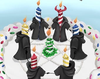 Funny Birthday greeting cards, digital illustration candle ritual