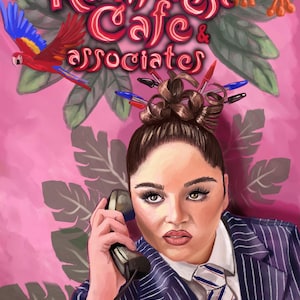 May include: Illustration of a woman in a pinstripe suit holding a phone, with the text "Rainforest Cafe & Associates" in red neon. A parrot and frog are also depicted, with a pink background.