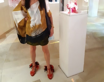 Sandales de type Salomé made in Italy en daim avec des plumes rouges et noires