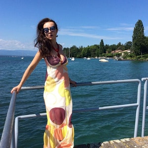 Haute couture dress unique piece made in France, silk, Sonia Delunay print
