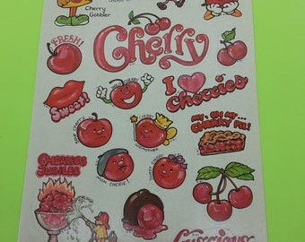 RARE! vintage 80&#39;s Celebrity Mark 1 Scratch & Sniff cherry large sticker sheet