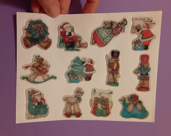 ¡Raro! Hoja de pegatinas navideñas hinchables vintage de Lucy Rigg? de los años 80