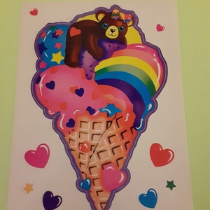 Adesivo vintage Jumbo Lisa Frank dos anos 80 com ursinho de pelúcia em sorvete 10" *danificado*