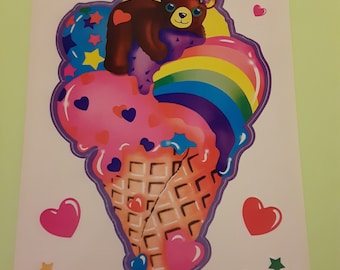 vintage 80's Jumbo Lisa Frank teddy on icecream sticker 10" *damaged*