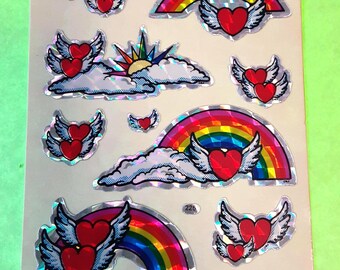 vintage 80s prism rainbow flying hearts small sticker sheet