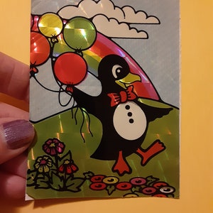 RARE vintage 80&#39;s BJ Decal Specialties prism penguin large sticker *used* *damaged*