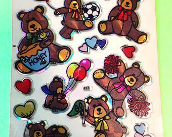 vintage 80s BJ Decal Specialties prism teddy bears small sticker sheet