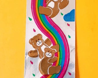 Tira de pegatinas vintage de los 80 de CARDesign Toots con ositos de peluche de arcoíris metalizados