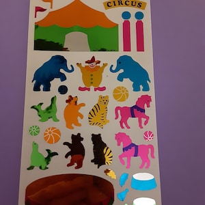 RARE ! Feuille d'autocollants vintage en mylar du cirque Hambly Studios des années 80