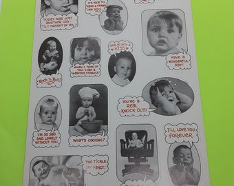 RARE! vintage 80's Celebrity Mark 1 funny babies with captions large sticker sheet
