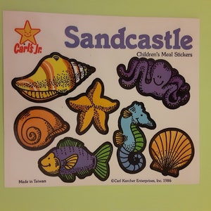 Petite feuille d'autocollants Carl's Jr Sandcastle Children's Meal vintage des années 80