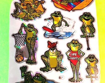 vintage 80s BJ Decal Specialties prism frogs small sticker sheet