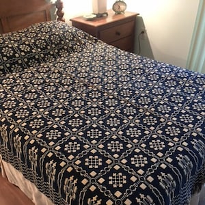 Antique Coverlet Double Weave, Indigo Blue and White, Fringe on Bottom, Excellent Condition, Wool and Cotton, Pine Tree Borders,#19143