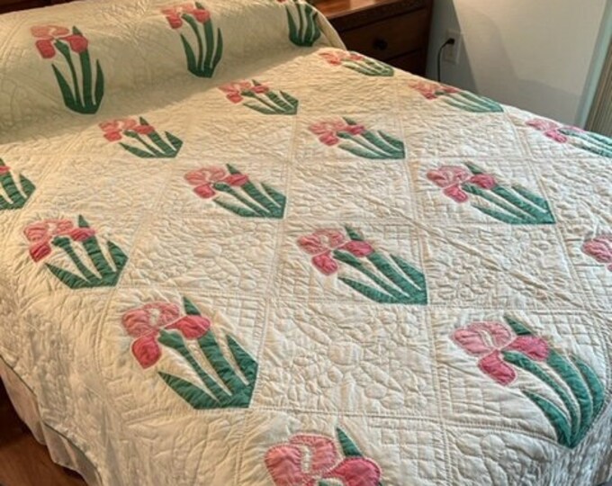 Iris Applique Antique Quilt, Queen Size Vintage Quilt, Pink and Green