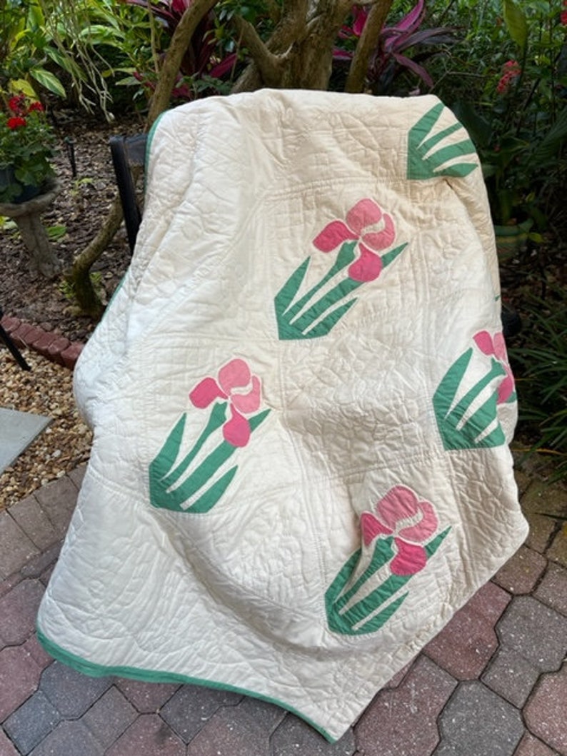 Iris Applique Antique Quilt, Queen Size Vintage Quilt, Pink and Green