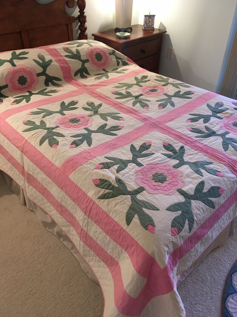 Rose Wreath Antique Applique Quilt Pink Green White | Etsy