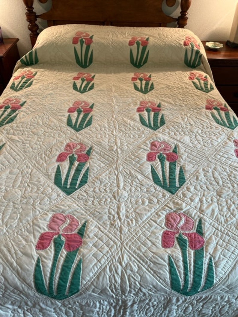 Iris Applique Antique Quilt, Queen Size Vintage Quilt, Pink and Green