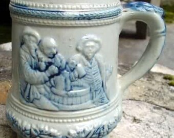Antique Whites Pottery Stoneware Mug: Utica N.Y., "Men in Tavern" Scene
