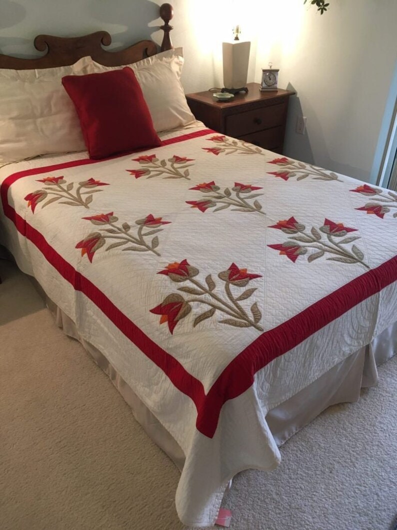 Queen Quilt tulip Applique Antique Quilt Vintage Etsy