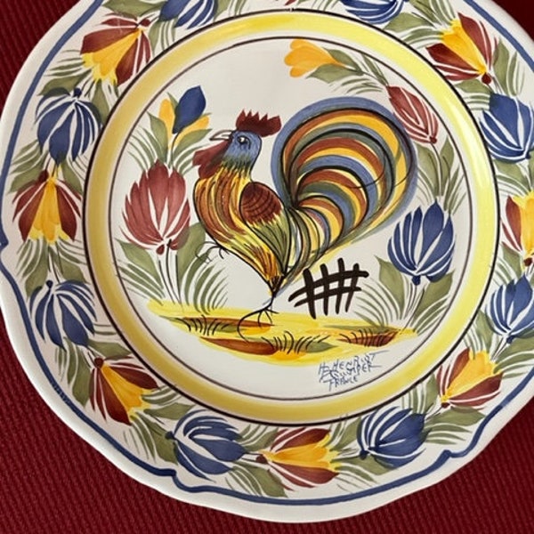 Vintage Quimper Rooster Plate, Hand Painted French Faience. Signed and numbered, Mint Condition, HB Henriot Quimper Lunch Plate #19310a