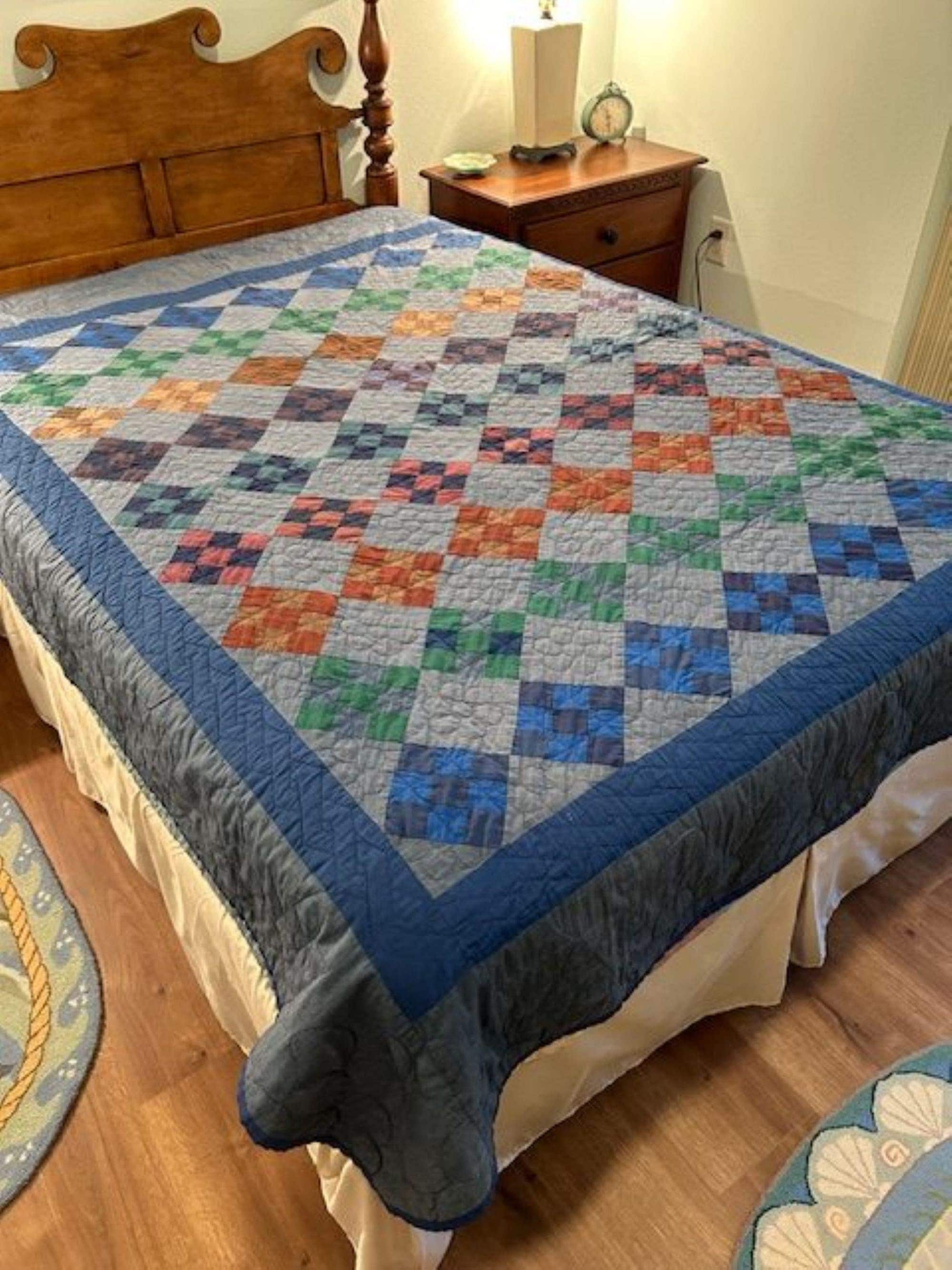 Antique Amish Quilt: Blue Nine Patch Hand Quilte Cotton 82