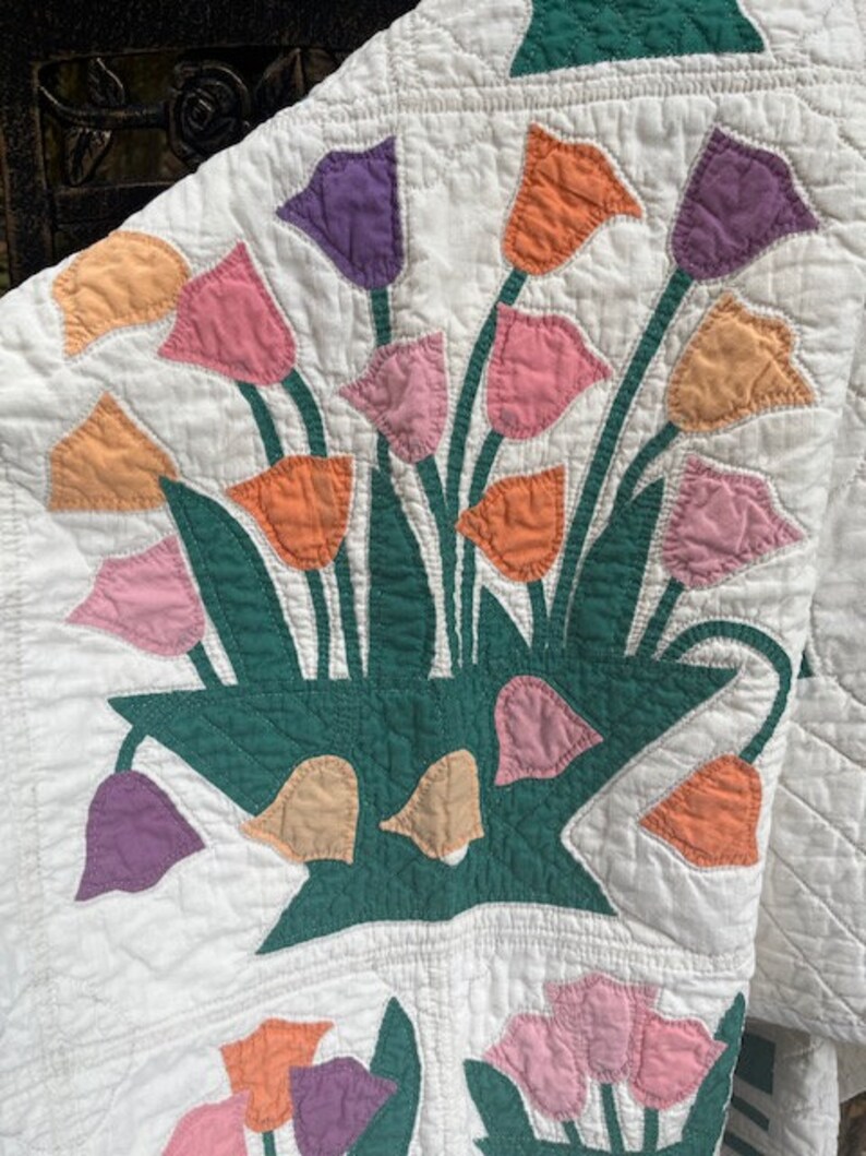 Cheerful tulip Applique Antique Quilt Circa 1940 Etsy