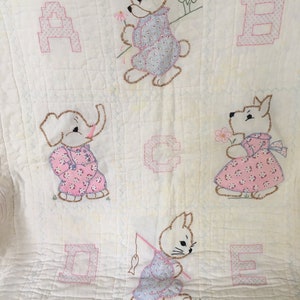 Vintage Appliqued and Hand Embroided &quot;ABC&quot; Quilt, Pink & Blue Animals , 48&quot; X 37&quot;