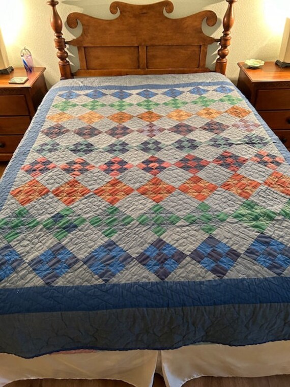 Antique Amish Quilt: Blue Nine Patch Hand Quilte Cotton 82