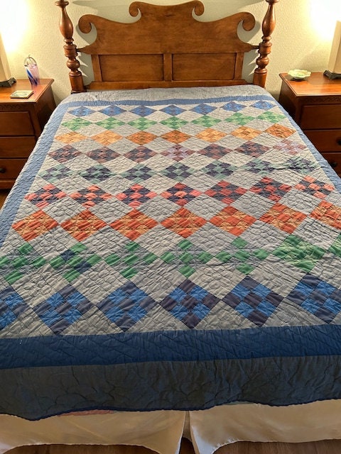 Antique Amish Quilt: Blue Nine Patch Hand Quilte Cotton 82