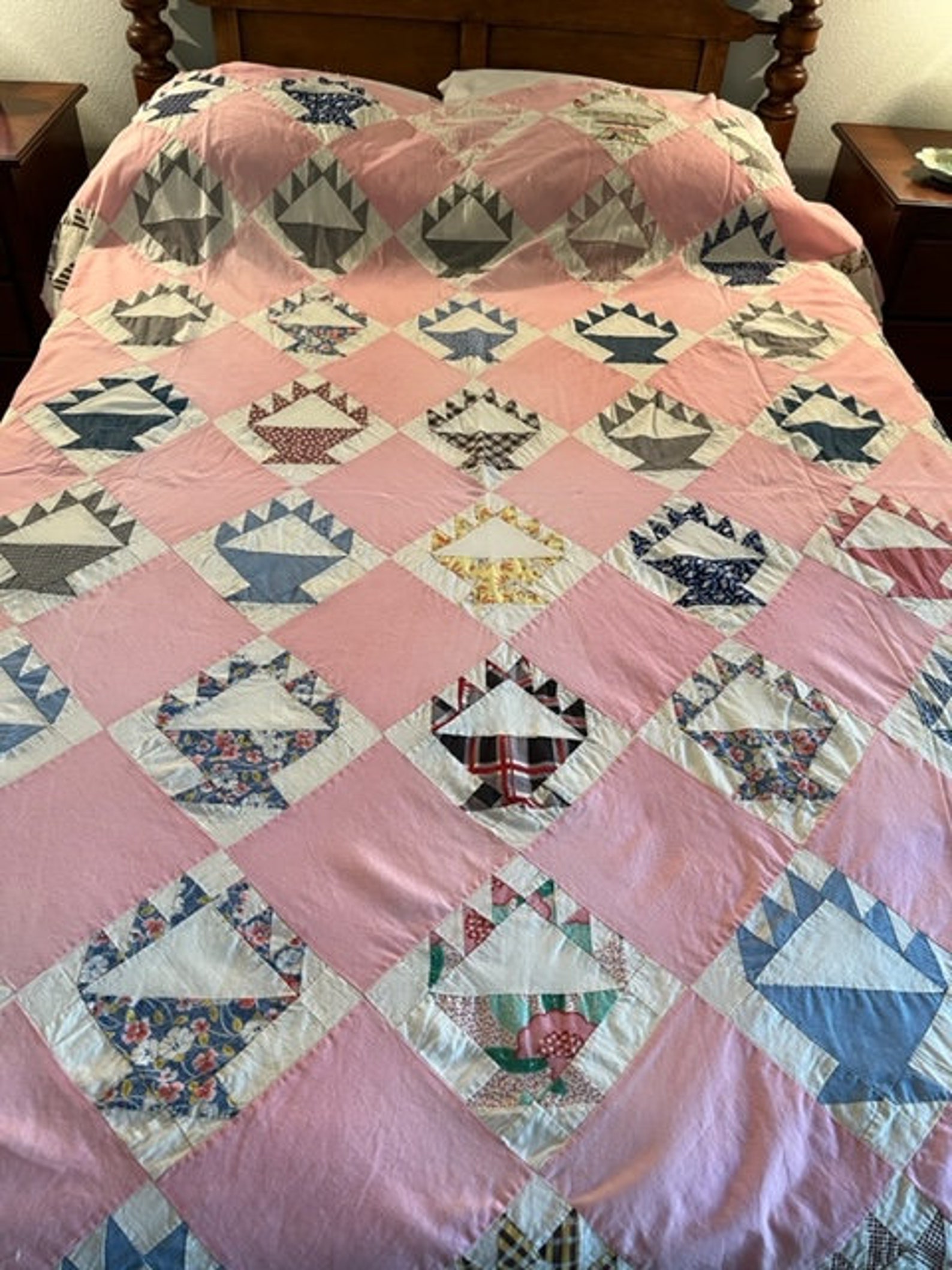 Antique Quilt Top Multi Colored Fans on Pink Background Circa Etsy