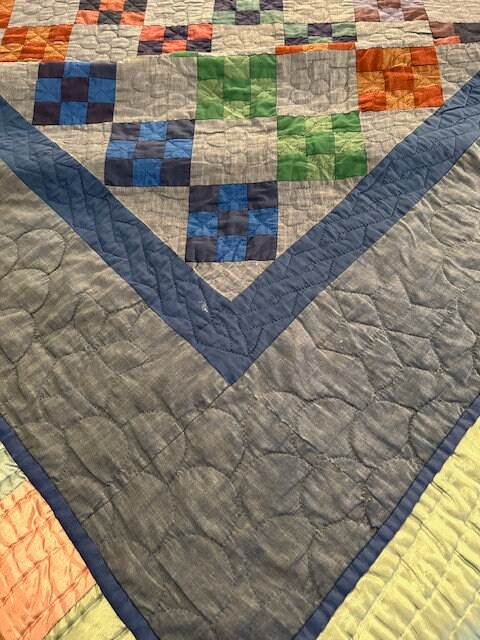 Antique Amish Quilt: Blue Nine Patch Hand Quilte Cotton 82