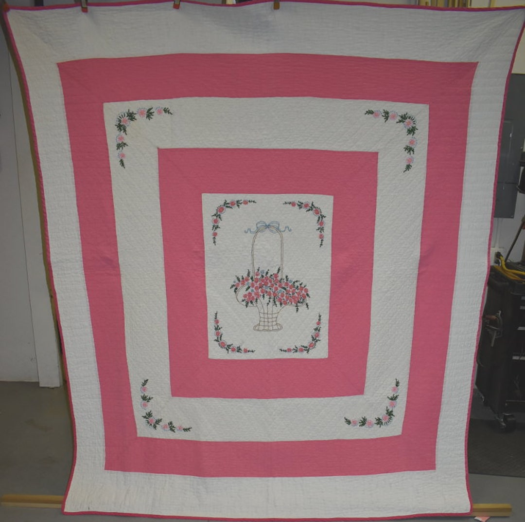 Full/queen Size Antique Quilt, floral Embroidery, Handmade,hand Quilted and Embroidered Circa
