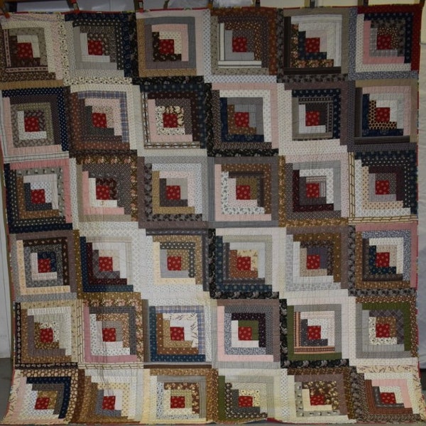 Antique Log Cabin Quilt, "Straight Furrows" Pattern, Hand Sewn Vintage Patchwork Quilt, Strong Vivid Colors, Queen Size, #18819