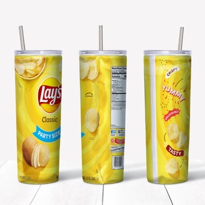 May include: A yellow and red tumbler with a Lay's potato chips design. The tumbler has a straw and features the text "Classic Party Size" and "Crispy Yummy Deliciously Tasty".