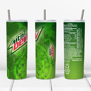 May include: A green and white stainless steel tumbler with a Mountain Dew logo and a green and white design. The tumbler has a straw and a lid. The back of the tumbler shows the nutrition facts for Mountain Dew.