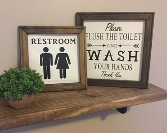 Set of 2 Farmhouse Canvas Restroom Sign | Please Wash Your Hands Sign | Unisex Bathroom Sign | Rustic bathroom Decor