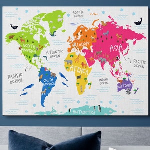 World Map Canvas Print / Nursery Wall Art / Kids Room Decor / Nursery Decor / Animal World Map / Kids World Map / Animal Art