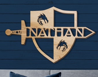 Sword And Shield Name Sign, Nursery Decor, Personalized Wood Sign, Wooden Name, Personalized Name Sign, Wooden Name Sign, Kids Name Sign