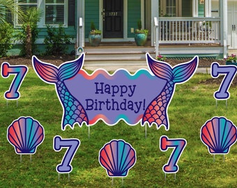 Mermaid Happy Birthday Lawn Signs, Yard Signs, Outdoor Lawn Decorations, Mermaid Birthday Lawn Ornaments, Kids Birthday Signs