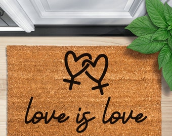Love is Love Lesbian Pride Welcome Mat, Lesbian Hearts, Gay Pride Gift, WLW Door Mat, LGBTQ+