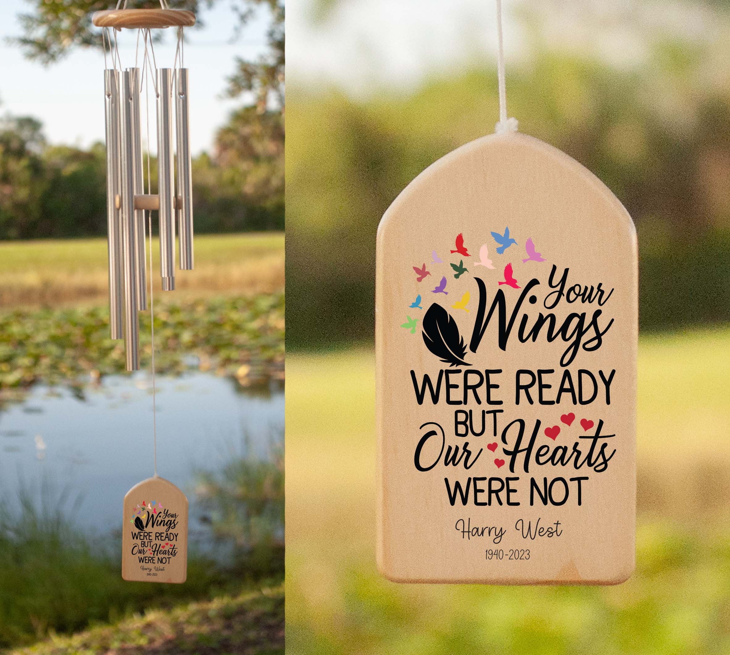 MEMGIFT Gedenk-Windspiel Für Verstorbene Angehörige – 76 Cm Lang, Aluminium Mit Schwarzer Oberfläche, Wasserfest – Mit Aufschrift „Your Wings Were Ready…“