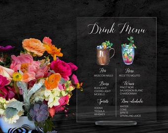 Drink Menu Sign - Signature Drinks - Wedding Sign - Clear Acrylic Wedding Sign - Custom Wedding Decor - Cocktail Bar Sign - Event Sign