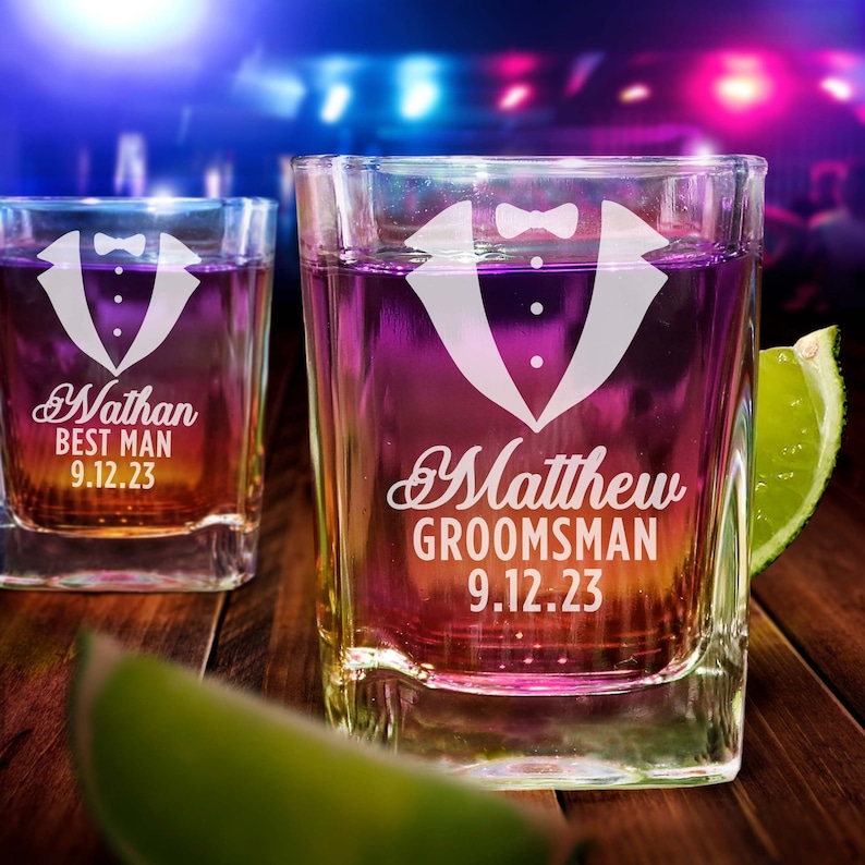 Groomsmen Shot Glasses, Personalized Shot Glasses, Wedding Shot Glasses, Groomsmen Gifts, Custom Shot Glass, Groomsmen Gift Idea image 1
