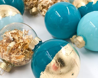 Ombré Teal and Gold Leaf Ornaments - Set of 12 - Christmas