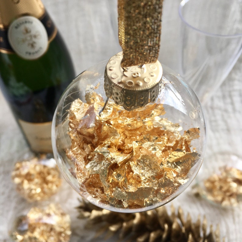 New Year's Gold Leaf Ornament, NYE Decor, Sparkly Golden Confetti Christmas Tree Bauble, New Year's Eve image 2